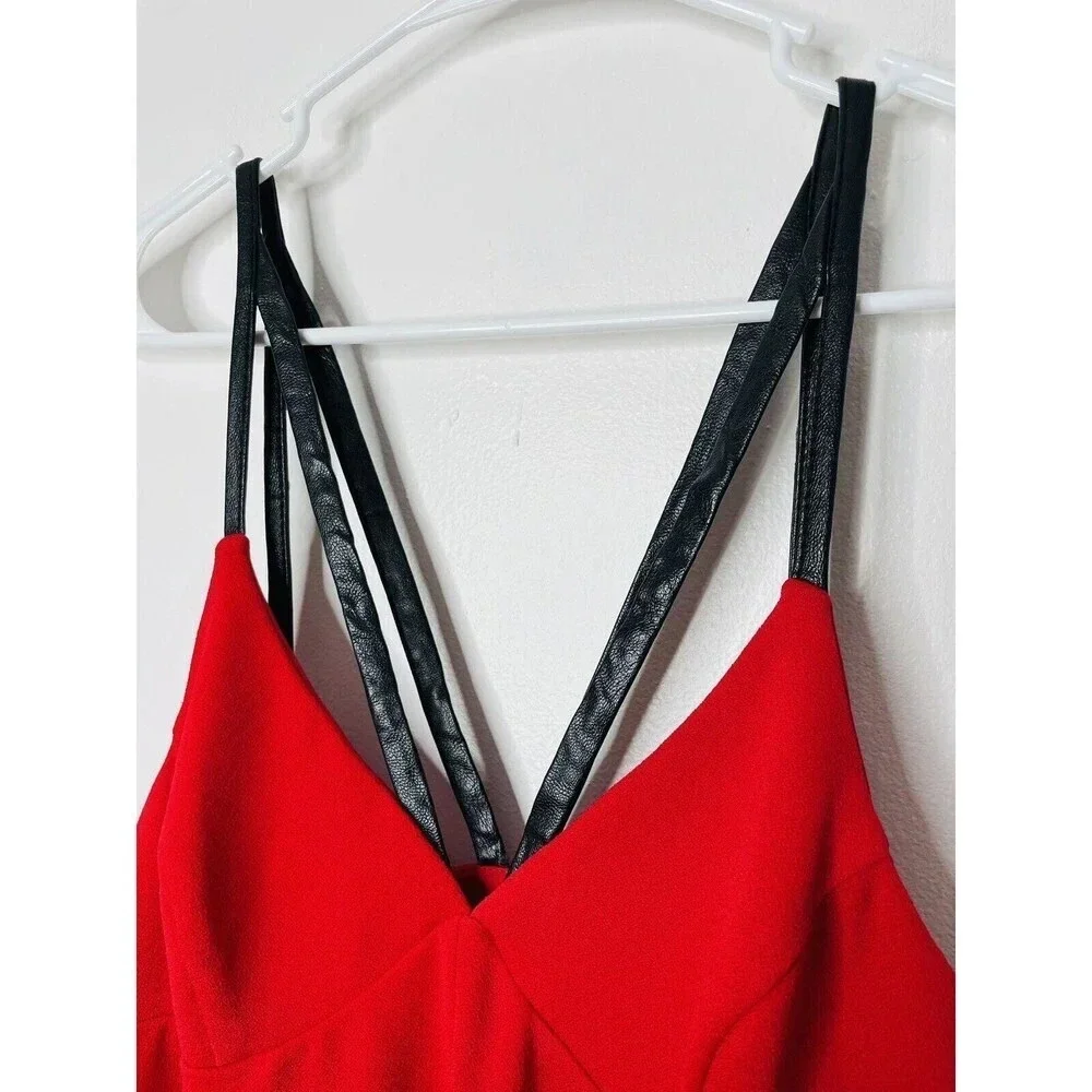 Marciano Strappy Mini Shift Dress Sz M Red Faux Leather Straps Stretch NEW READ